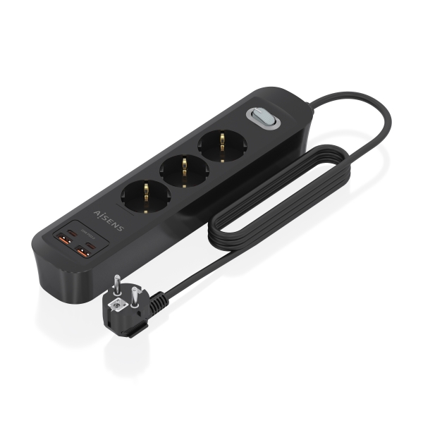 Aisens Regleta con 3 Tomas Schuko - 2xUSB-C - 2xUSB-A - Cable de 1.4m - Interruptor con Indicador LED - Power Delivery - Qualcomm 3.0 - Color Negro
