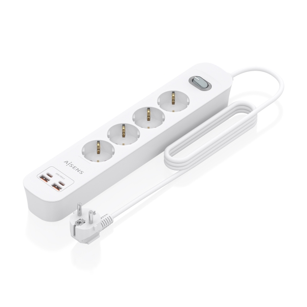 Aisens Regleta con 4 Tomas Schuko - 2xUSB-C - 2xUSB-A - Cable de 1.4m - Interruptor con Indicador LED - Power Delivery - Qualcomm 3.0 - Color Blanco