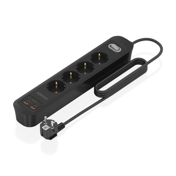 Aisens Regleta con 4 Tomas Schuko - 2xUSB-C - 2xUSB-A - Cable de 1.4m - Interruptor con Indicador LED - Power Delivery - Qualcomm 3.0 - Color Negro