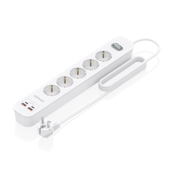 Aisens Regleta con 5 Tomas Schuko - 2xUSB-C - 2xUSB-A - Cable de 1.4m - Interruptor con Indicador LED - Power Delivery - Qualcomm 3.0 - Color Blanco