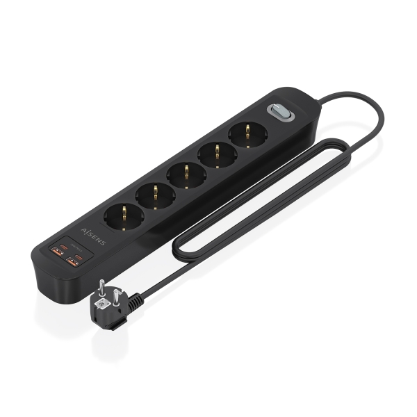 Aisens Regleta con 5 Tomas Schuko - 2xUSB-C - 2xUSB-A - Cable de 1.4m - Interruptor con Indicador LED - Power Delivery - Qualcomm 3.0 - Color Negro