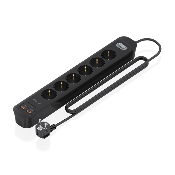 Aisens Regleta con 6 Tomas Schuko - 2xUSB-C - 2xUSB-A - Cable de 1.4m - Interruptor con Indicador LED - Power Delivery - Qualcomm 3.0 - Color Negro