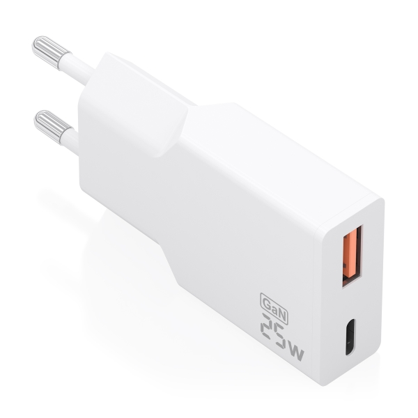 Aisens Cargador de Pared - 25W - GaN - 1xUSB-C - 1xUSB-A - Power Delivery 3.0 - Ultra Delgado - Multiples Protecciones de Seguridad - Color Blanco