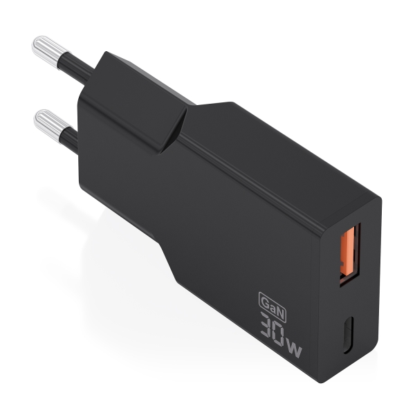 Aisens Cargador de Pared - 30W - GaN - 1xUSB-C - 1xUSB-A - Power Delivery 3.0 - Ultra Delgado - Multiples Protecciones de Seguridad - Color Negro