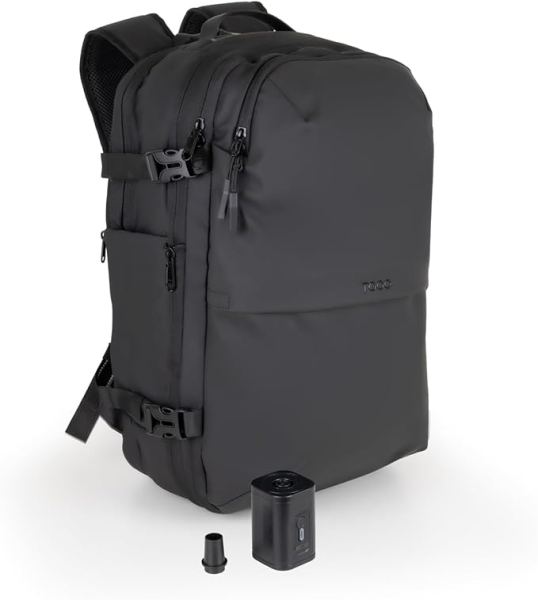 Tooq Mochila de Viaje de 55L - Espalda y Asas Acolchadas - Compresion al Vacio - Incluye Bomba de Aire y Accesorios - Resistente al Agua - Multiples Compartimentos - 49x37x21cm - Color Negro