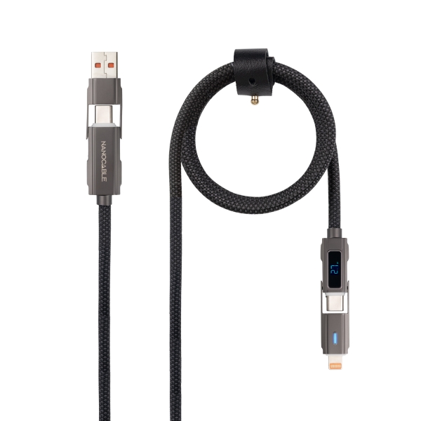 Nanocable Cable USB-C 4 en 1 - Soporta hasta 27W - Longitud 1m - Adaptador USB-A y Lightning Integrado - Pantalla Digital - Algodon Trenzado - Color Negro