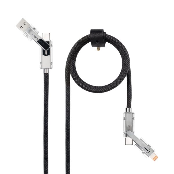 Nanocable Cable USB-C 4 en 1 - Soporta hasta 27W - Longitud 2m - Adaptador USB-A y Lightning Integrado - Indicador LED - Algodon Trenzado - Color Negro