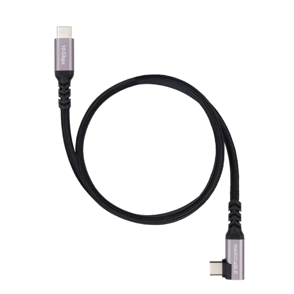 Nanocable Cable USB-C Macho Acodado 90º - Soporta hasta 100W - Longitud 2m - Velocidad de Transferencia hasta 10Gbps - Resolucion 4K - Algodon Trenzado - Color Negro