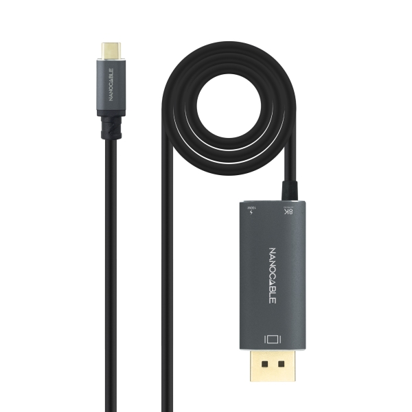 Nanocable Cable Adaptador USB-C a Displayport 1.4 - Longitud 1.8m - Resolucion 8K - Carcasa Metalica de Aluminio - Power Delivery 100W - Color Gris Oscuro