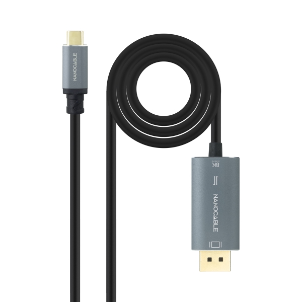 Nanocable Cable Adaptador USB-C a Displayport - Bidireccional - Longitud 2m - Resolucion 8K - Carcasa Metalica de Aluminio - Compatible con HDR - Color Gris Oscuro