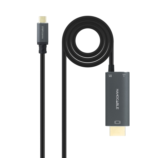 Nanocable Cable Adaptador USB-C a HDMI - Longitud 1.8m - Resolucion 8K - Carcasa Metalica de Aluminio - 195x230x20mm - Color Gris Oscuro