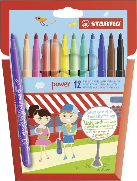 Stabilo Power Pack con 12 Rotuladores de Colores - Punta Media de 2mm - Tinta Lavable - Capuchon Ventilado - Colores Surtidos