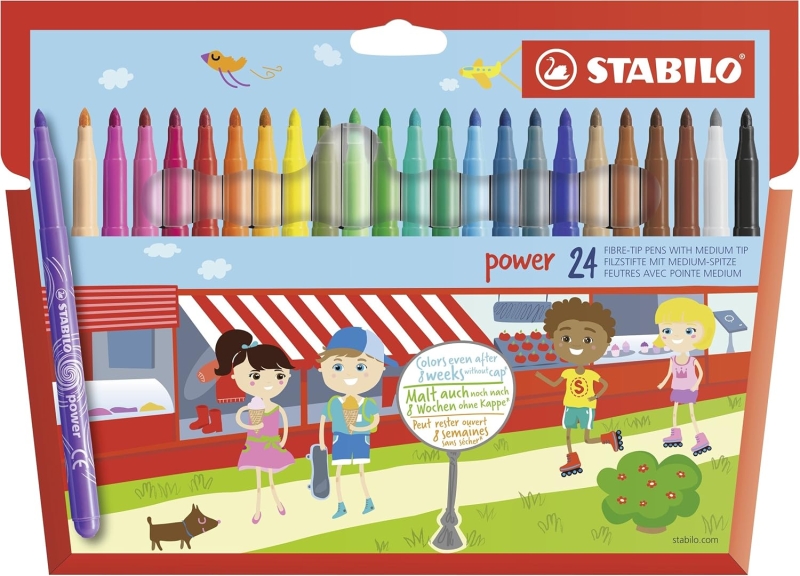 Stabilo Power Pack con 24 Rotuladores de Colores - Punta Media de 2mm - Tinta Lavable - Capuchon Ventilado - Colores Surtidos