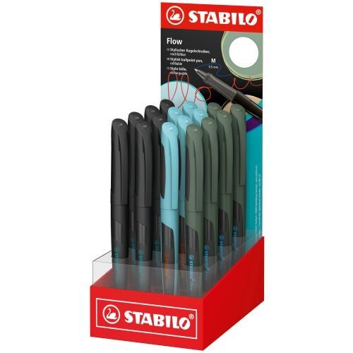 Stabilo Flow Expositor con 16 Boligrafos - Trazo 0.5mm - Agarre Ergonomico - Recargable - Tinta Color Azul - Cuerpo en 3 Colores Surtidos