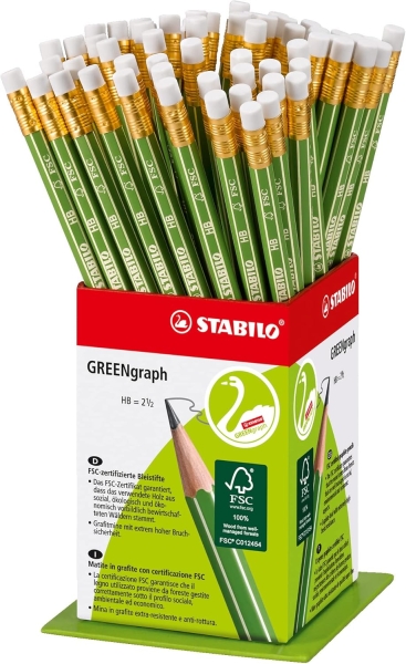 Stabilo GREENgraph Expositor con 60 Lapices de Grafito con Goma - Mina HB 2.2mm - 100% Madera Cultivada de Forma Sostenible - Cuerpo de Color Verde