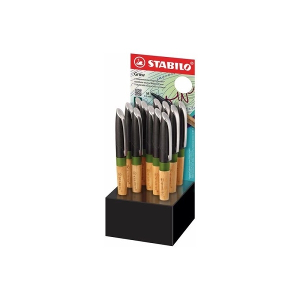 Stabilo Grow Expositor con 12 Boligrafos - Trazo 0.5mm - Agarre Ergonomico Fabricado en Bio-Plastico - Recargable - Madera Certificada FSC - Tinta Color Azul