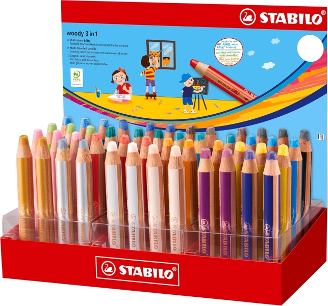 Stabilo Woody 3 en 1 Expositor con 48 Lapices de Colores - Lapiz de Color, Cera y Acuarela, Todo en Uno - Mina XXL 10mm - Colores Surtidos