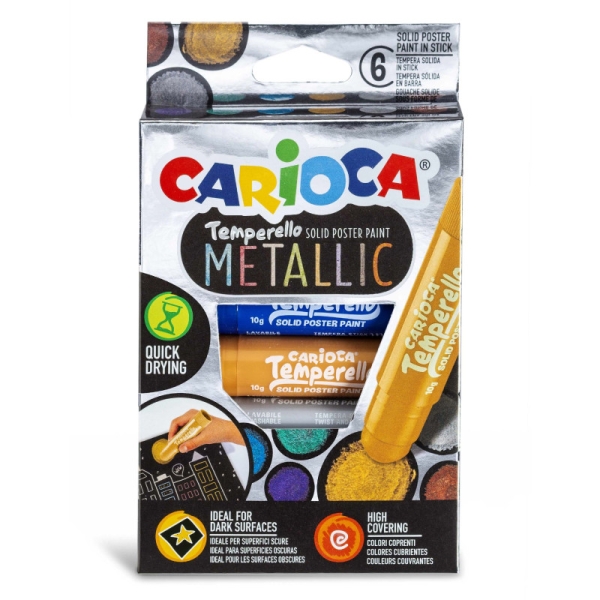 Carioca Temperello Metallic Pack de 8 Temperas Solidas - Gran Cobertura - Faciles de Mezclar - Sin Disolventes y Lavables - Secado Rapido - Colores Metalicos Surtidos