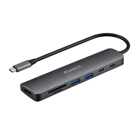Ewent USB-C Dock 7 en 1 - 1x USB-C, 2x USB-A 3.2 Gen1, 1x HDMI 4K/60Hz, 1x SD/TF 2.0, 1x MicroSD, 1x USB-C PD 100W - Color Gris