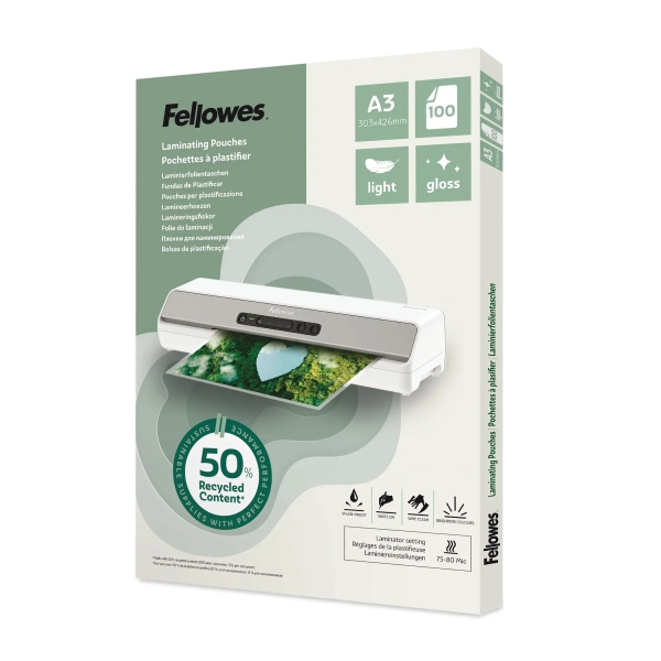 Fellowes Pack de 100 Fundas para Plastificar - Formato A3 - 80 micras - Efecto Brillo - Fabricado con 50% Material Reciclado - Transparente
