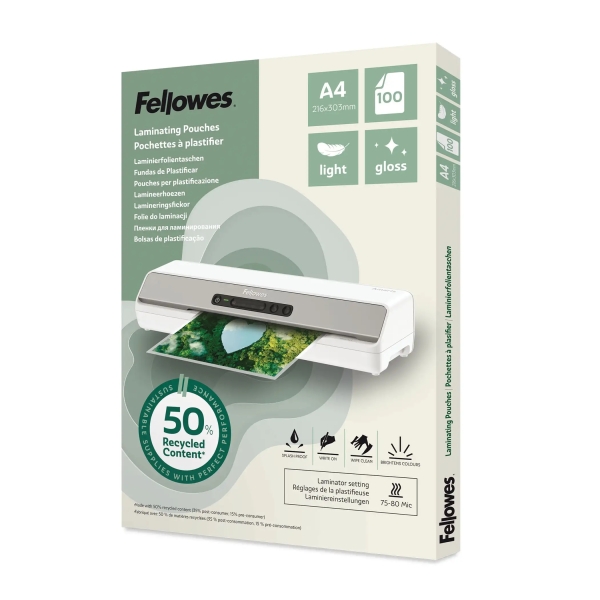 Fellowes Pack de 100 Fundas para Plastificar - Formato A4 - 80 micras - Efecto Brillo - Fabricado con 50% Material Reciclado - Transparente