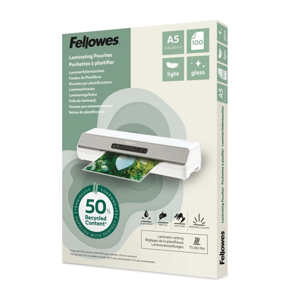 Fellowes Pack de 100 Fundas para Plastificar - Formato A5 - 80 micras - Efecto Brillo - Fabricado con 50% Material Reciclado - Transparente