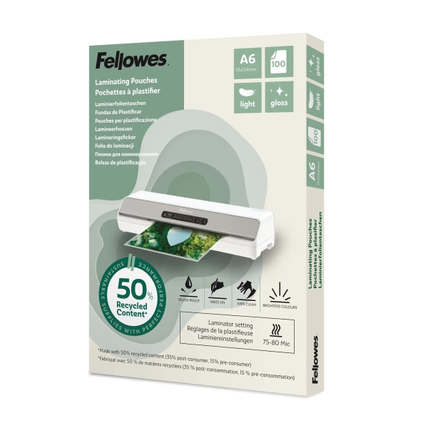 Fellowes Pack de 100 Fundas para Plastificar - Formato A6 - 80 micras - Efecto Brillo - Fabricado con 50% Material Reciclado - Transparente