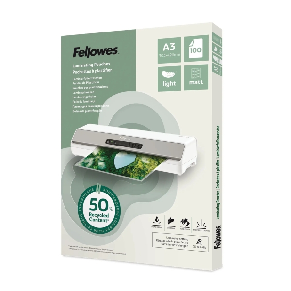 Fellowes Pack de 100 Fundas para Plastificar - Formato A3 - 80 micras - Efecto Mate - Fabricado con 50% Material Reciclado - Transparente