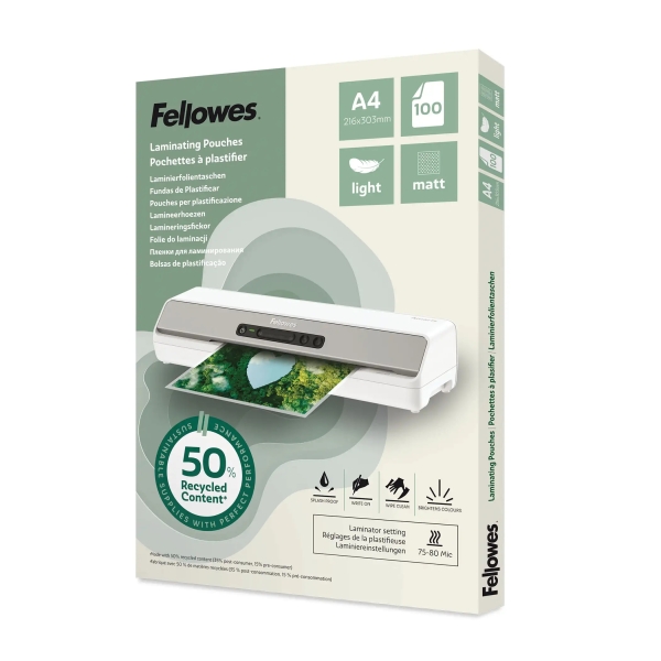 Fellowes Pack de 100 Fundas para Plastificar - Formato A4 - 80 micras - Efecto Mate - Fabricado con 50% Material Reciclado - Transparente