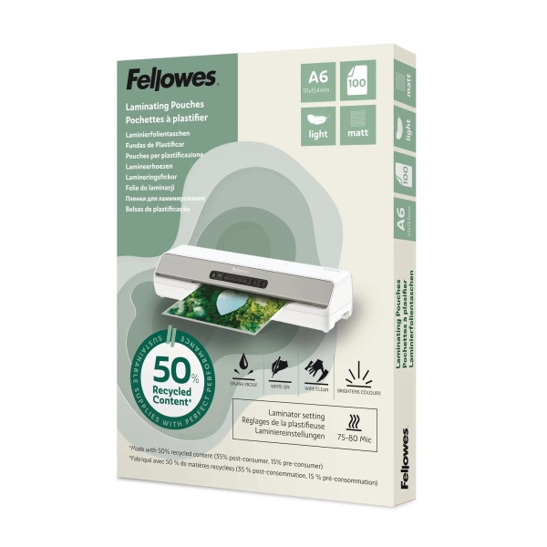 Fellowes Pack de 100 Fundas para Plastificar - Formato A6 - 80 micras - Efecto Mate - Fabricado con 50% Material Reciclado - Transparente