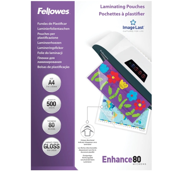 Fellowes Imagelast Pack de 500 Fundas para Plastificar - Formato A4 - Efecto Brillo - 80 micras - Flechas Indicadoras de Direccion - Transparente