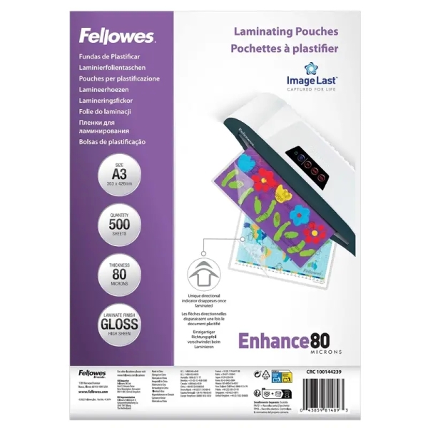 Fellowes Imagelast Pack de 500 Fundas para Plastificar - Formato A3 - Efecto Brillo - 80 micras - Flechas Indicadoras de Direccion - Transparente