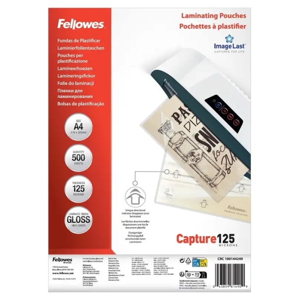 Fellowes Imagelast Pack de 500 Fundas para Plastificar - Formato A4 - Efecto Brillo - 125 micras - Flechas Indicadoras de Direccion - Transparente