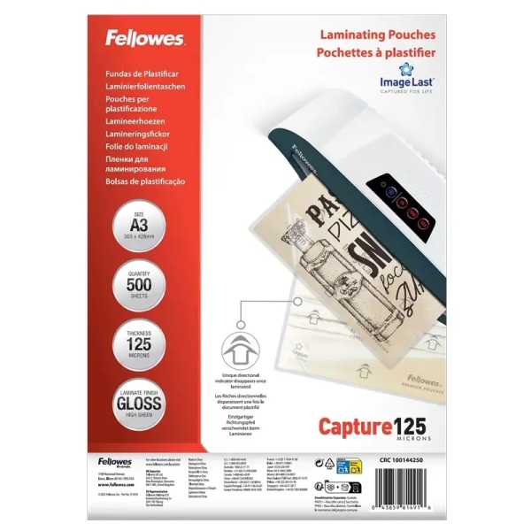 Fellowes Imagelast Pack de 500 Fundas para Plastificar - Formato A3 - Efecto Brillo - 125 micras - Flechas Indicadoras de Direccion - Transparente