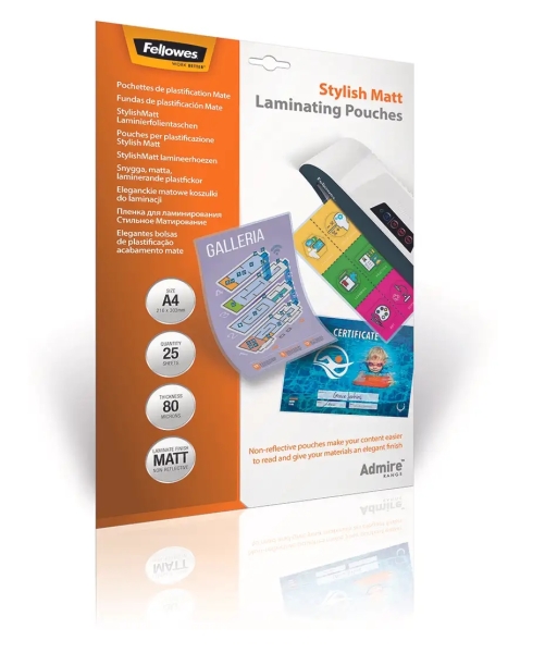 Fellowes Admire Pack de 25 Fundas para Plastificar - Formato A3 - Efecto Mate Antirreflejos - 80 micras - Transparente