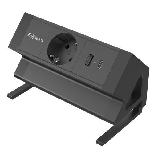 Fellowes Regleta de Sobremesa de 1 Toma - USB-A - USB-C - Cable 2m - Abrazadera para Escritorios de 10 a 45mm - 8.75x15.44x9.7cm - Color Negro