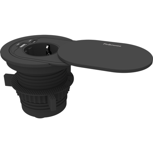 Fellowes Toma Electrica Empotrada para Orificios Pasacables de 60 y 80mm - Schuko - USB-C - Cable 2m - Tapa Protectora Deslizante - 9.15x11.5x9.03cm - Color Negro