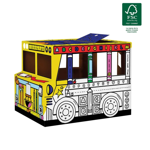 Fellowes Bus Escolar XL para Pintar - Carton Corrugado FSC - Puertas y Ventanas Interactivas - Bordes Redondeados - Montaje sin Adhesivos - 78.74x83.82x114.3cm - Color Blanco y Negro