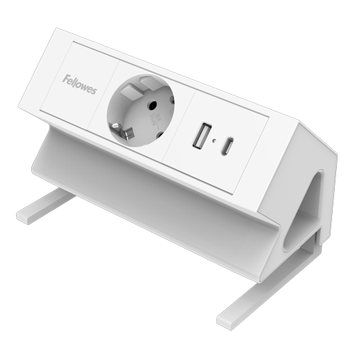 Fellowes Regleta de Sobremesa de 1 Toma - USB-A - USB-C - Cable 2m - Abrazadera para Escritorios de 10 a 45mm - 15.44x9.7x8.75cm - Color Blanco