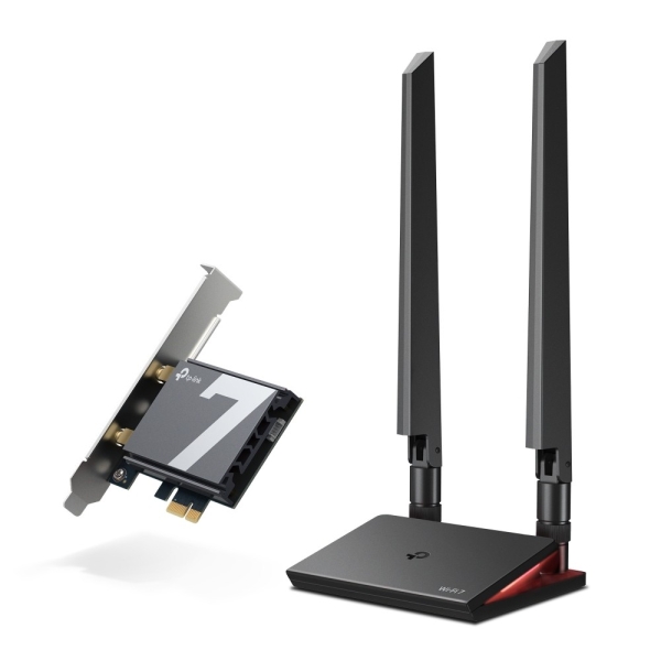 TP-Link Archer TBE550E Adaptador de Red PCI - Base con LED - Bluetooth - Velocidad 9.3Gbps - WiFi 7 Tribanda - 2 Antenas Multidireccionales - Seguridad Avanzada - Color Negro