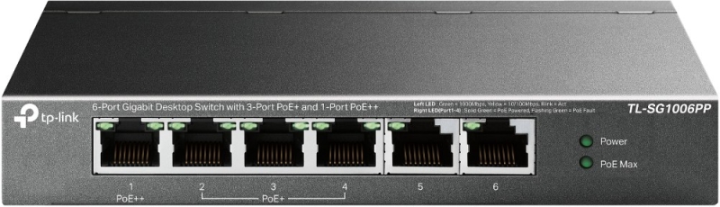 TP-Link TL-SG1006PP Switch 6 Puertos RJ45 1Gbps - No Administrado - 1x PoE++ - 3x PoE+ - Soporta QOS - Recuperacion Automatica - Conmutacion hasta 12Gbps - Color Negro