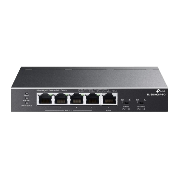 TP-Link TL-SG1005P-PD Switch 5 Puertos RJ45 1Gbps - Alcance hasta 250m con Cable - Conmutacion hasta 10Gbps - Recuperacion Automatica - Plug and Play - Carcasa Metalica - Color Negro