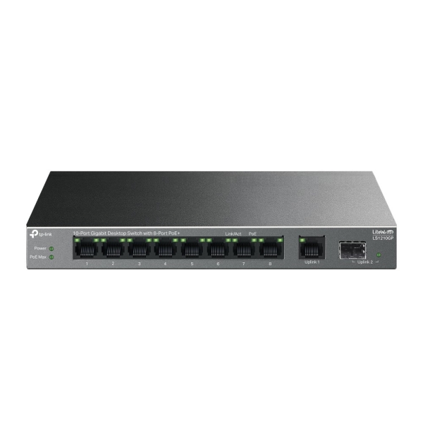 TP-Link LS1210GP LiteWave Switch 10 Puertos - No Administrado - 8xRJ45 PoE+ 1Gbps - 2xRJ45 1Gbps - Conmutacion hasta 20Gbps - Color Negro