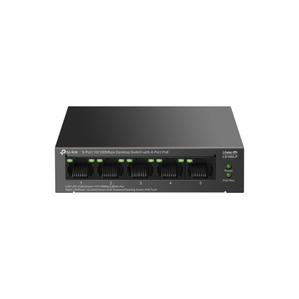 TP-Link LS105LP LiteWave Switch 5 Puertos - No Administrado - 4xRJ45 PoE 100Mbps - 1xRJ45 100Mbps - Recuperacion Automatica - Color Negro