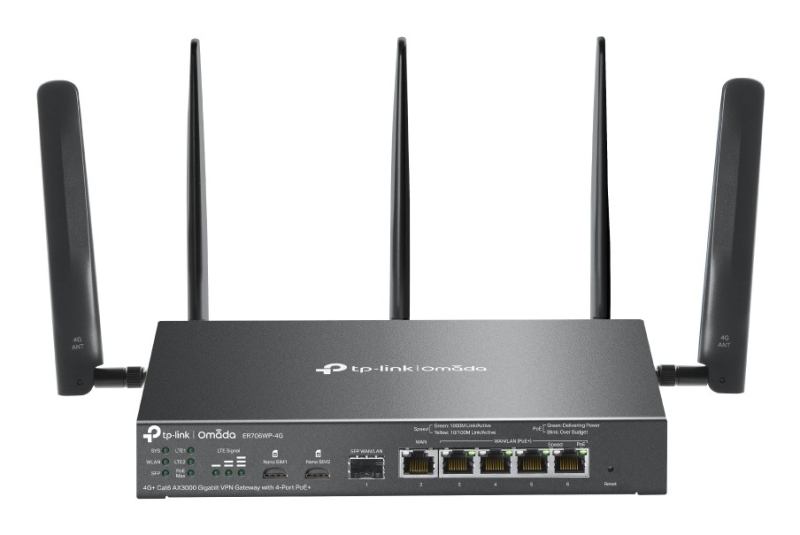 TP-Link Omada ER706WP-4G Router de Doble Banda NAT - WiFi hasta 3Gbps - Ethernet - VPN - 1Gbps SFP - 1Gbps WAN - 4x1Gbps LAN - Balanceo de Carga - Antenas Desmontables - Color Negro