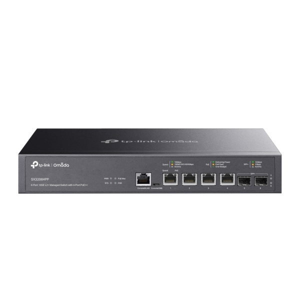 TP-Link Omada SX3206HPP Switch 6 Puertos - Gestionado - 4xRJ45 PoE++ 10Gbps - 2xSFP 10Gbps - Soporta QOS - Conmutacion hasta 120Gbps - Color Negro