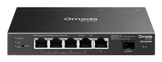 TP-Link Omada SG2206MP Switch 5 Puertos - Capa 2 - 4xRJ45 PoE+ 1Gbps - 1xRJ45 1Gbps - Soporta QOS - Conmutacion hasta 12Gbps - Carcasa Metalica - Color Negro