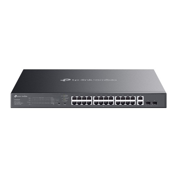TP-Link Omada ES228GMP Switch 28 Puertos - Gestionado - 24xRJ45 PoE+ 1Gbps - 2xRJ45 1Gbps - 2xSFP - Soporta QOS - 2 Ventiladores Internos - Plug and Play - Carcasa Metalica - Color Negro