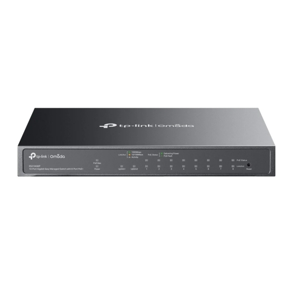TP-Link Omada ES210GMP Switch 10 Puertos - Alcance hasta 250m con Cable - 8xRJ45 PoE+ 1Gbps - 1xRJ45 1Gbps - 1xRJ45/SFP Combo - Soporta QOS - Conmutacion hasta 20Gbps - Color Negro