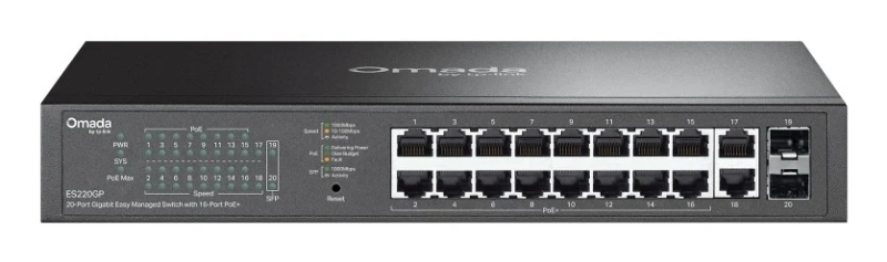 TP-Link Omada ES220GP Switch 20 Puertos - Gestionado - 18xRJ45 PoE+ 1Gbps - 2xSFP 1Gbps - Soporta QOS - Conmutacion hasta 40Gbps - Carcasa Metalica - Color Negro